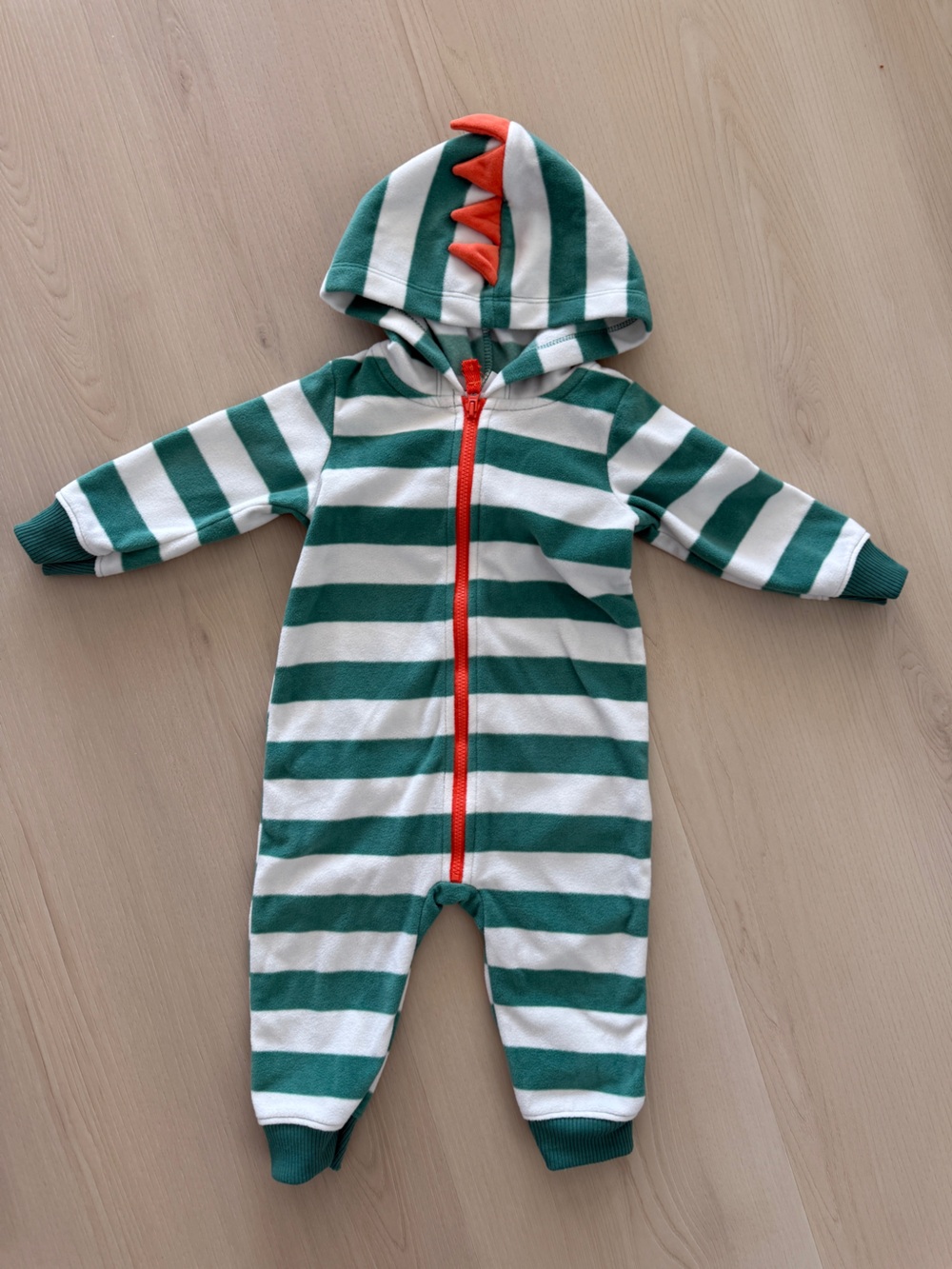 Green and White Striped Zipper Hooded Onesie Pajama size 9 months